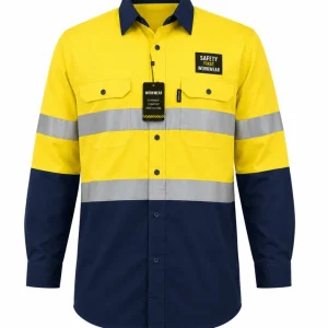 Navy/Sky Blue Hi-Vis Shirt 100% Cotton Long Sleeve