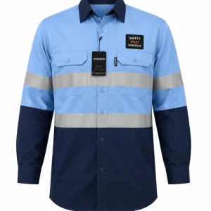 Navy/Sky Blue Hi-Vis Shirt 100% Cotton Long Sleeve
